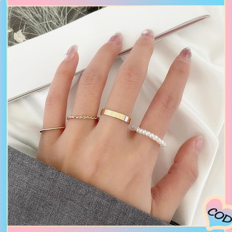 COD❤️ Korea Wanita Mutiara Cincin Wanita Emas Cincin Logam Set Fashion Perhiasan Aksesoris-A.one