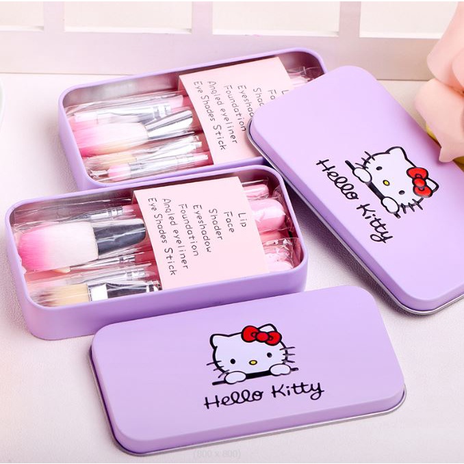 BV.ID KM053 KUAS BRUSH SET HELLO KITY MAKE UP BRUSH 7 IN 1 BOX BAHAN KALENG HELLO KITTY