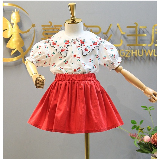 SETELAN ANAK CEWEK IMPORT / BAJU ROK MOTIF CHERRY RED