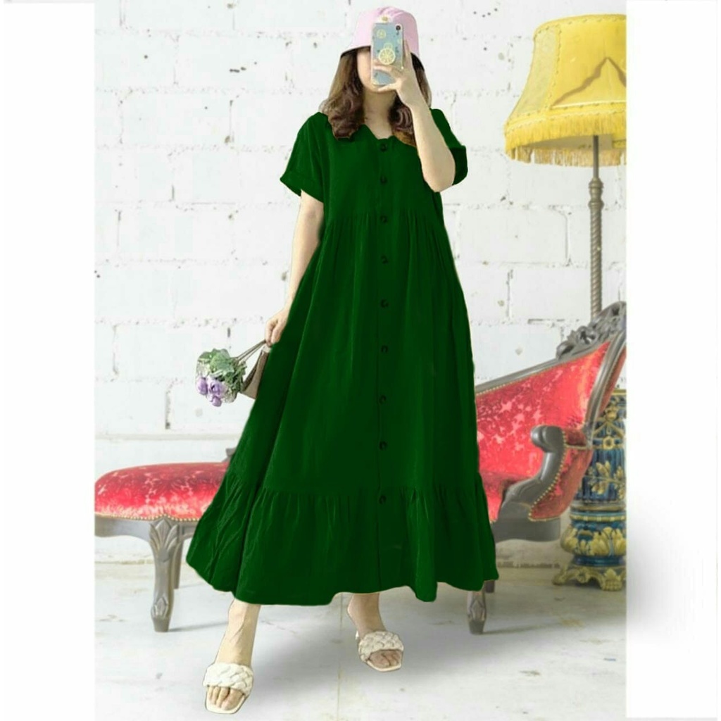 HOPYLOVY - Maxi Dress Wanita Lengan Pendek Bahan Rayon Premium Maudi-Hijau Botol