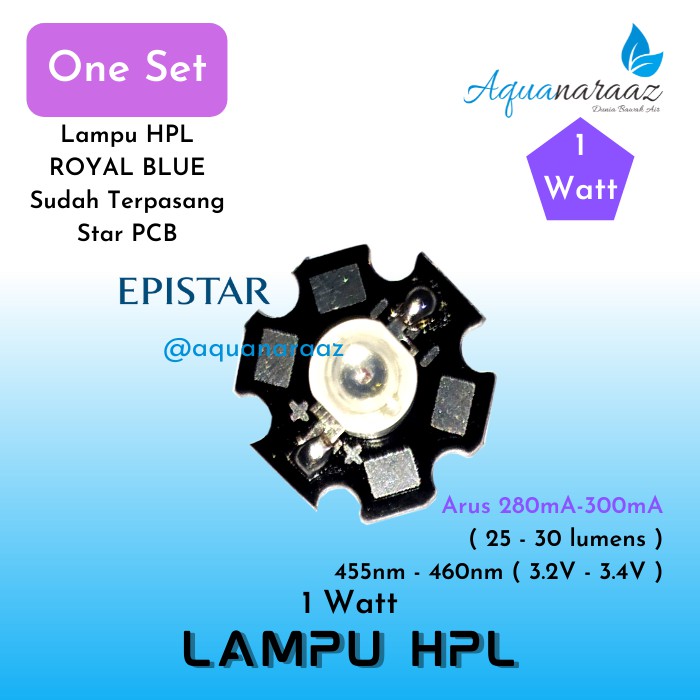 HPL 1 Watt Royal Blue Epistar Plus PCB Star High Power Lamp Keunguan Lampu Akuarium Air Laut