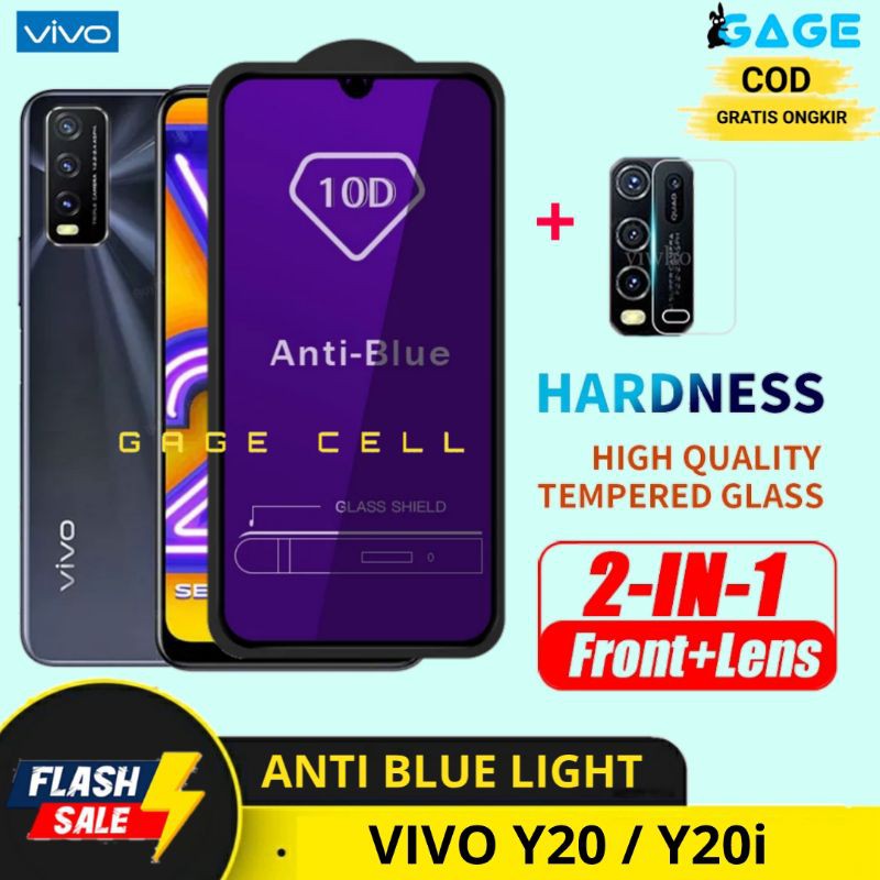 2IN1 TEMPERED GLASS ANTI BLUE LIGHT RAY VIVO Y20 Y20i TG ANTIGORES RADIASI FULL LAYAR KAMERA PREMIUM