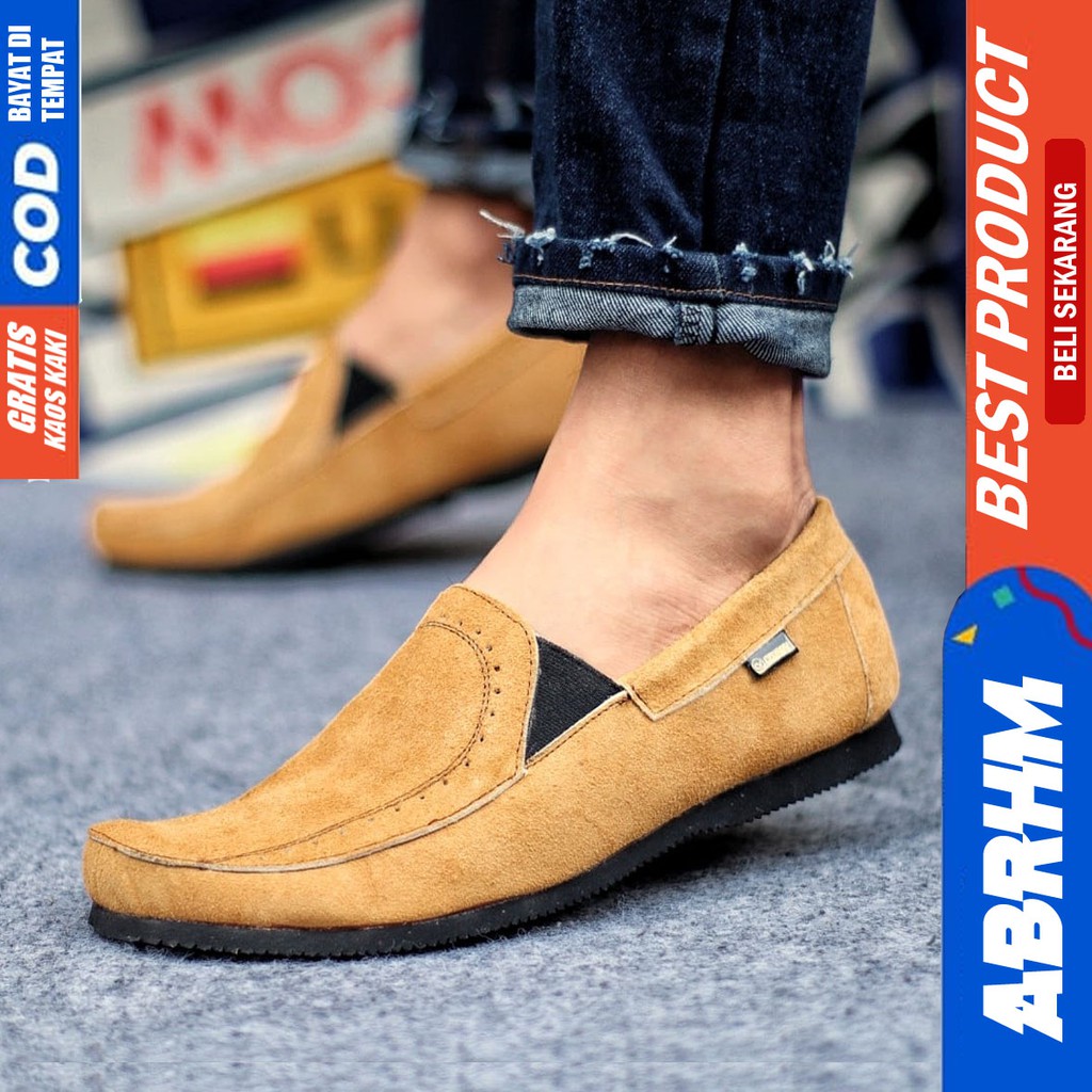 ABRHM X JESTER Sepatu Slip On Pria Sepatu Casual Slip On Kulit Asli Suede Cowo/Cowok Santai Kerja Sepatu Kasual Gaya Keren Kekinian Murah Terlaris