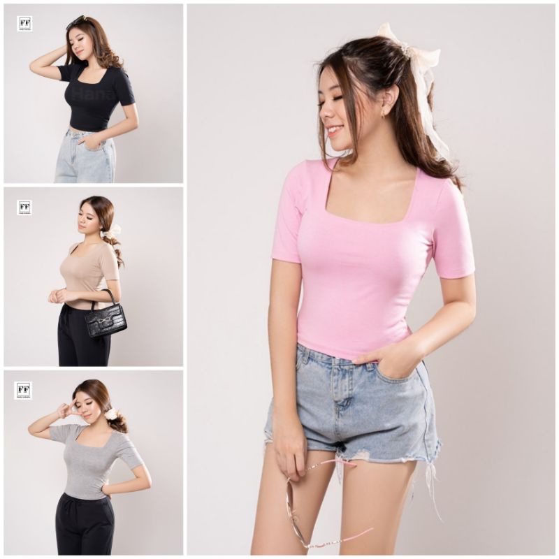 Baju Crop Top Wanita Murah Meriah / Kaos Crop Top Wanita / Crop Top T-shirt Kerah Kotak