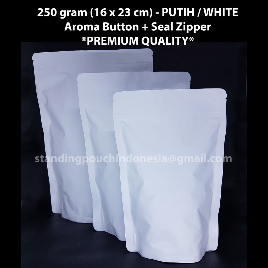 

Kemasan Kopi Standing Pouch 250g (50PCS) (VALVE + ZIPPER) PUTIH WHITE *PREMIUM
