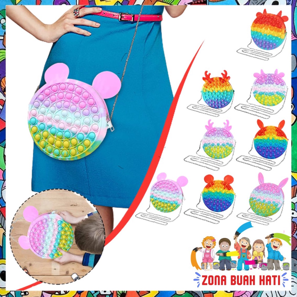 ZBH Tas Selempang Pop It Rainbow Bubble Fidget Push Toys Sling Bag Anak Popit Macaroon Bentuk Telinga Hewan Untuk Anak Anak Dan Dewasa Murah Import