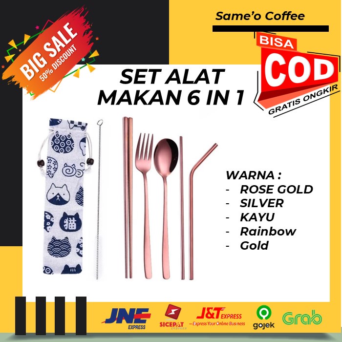 SET ALAT MAKAN / SET PERLENGKAPAN MAKAN SENDOK GARPU SEDOTAN SUMPIT 6 pcs - ROSE GOLD