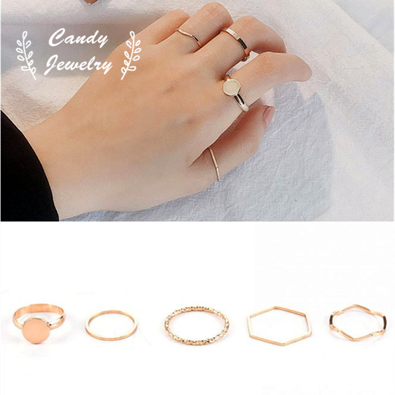 5pcs / Set Cincin Bentuk Gelombang Irregular Warna Permen Gaya Korea Untuk Wanita