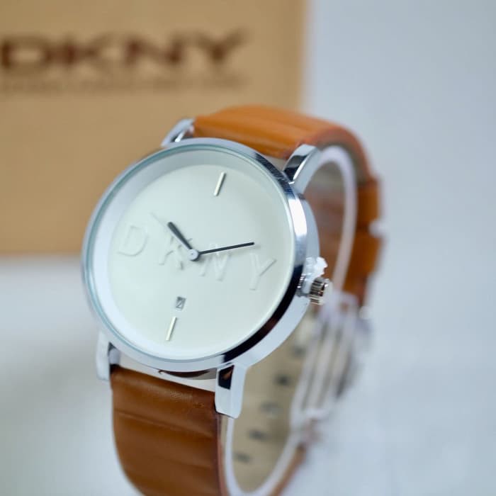 JUAL JAM BRENDED PRIA MURAH JAM TANGAN PRIA DKNY TANGGAL KULIT BROWN SILVER I GRATIS BOX KEREN DAN