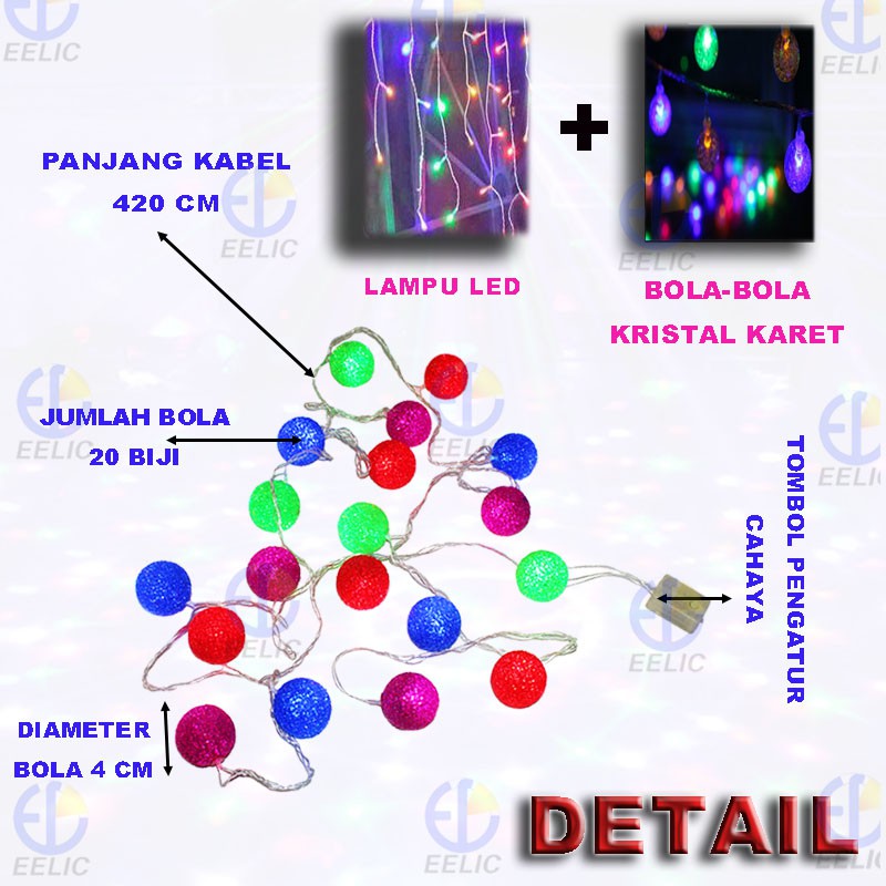 EELIC LAU-WW20BL LAMPU HIAS CRYSTAL WARNA-WARNI 20 LED MOTIF BOLA KARET