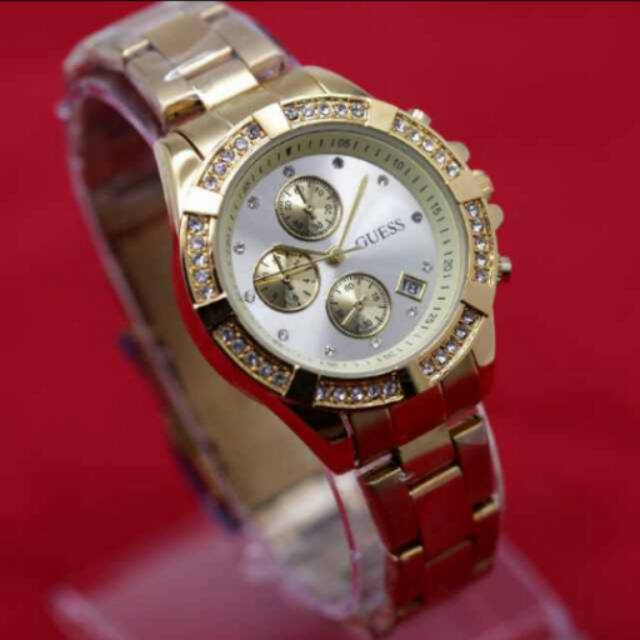 Jam tangan wanita elegant Guess premium tgl Gold plat putih