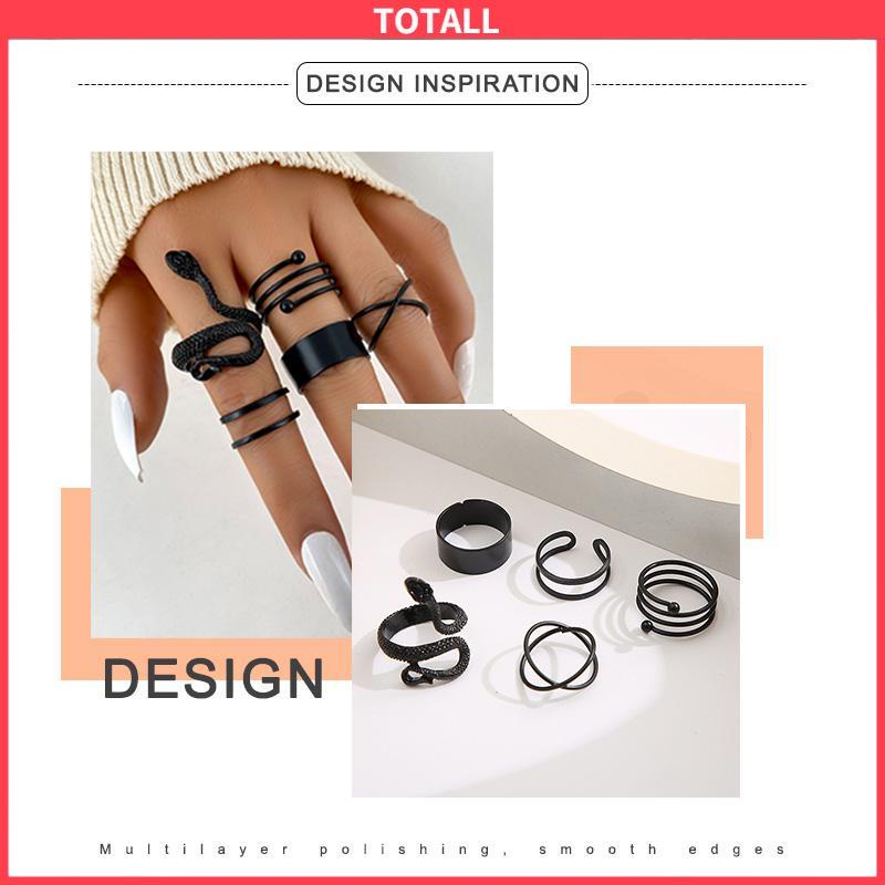 COD 5PCS kreatif ms. Jane cincin wanita menggabungkan cincin ular hitam geometri-Totall