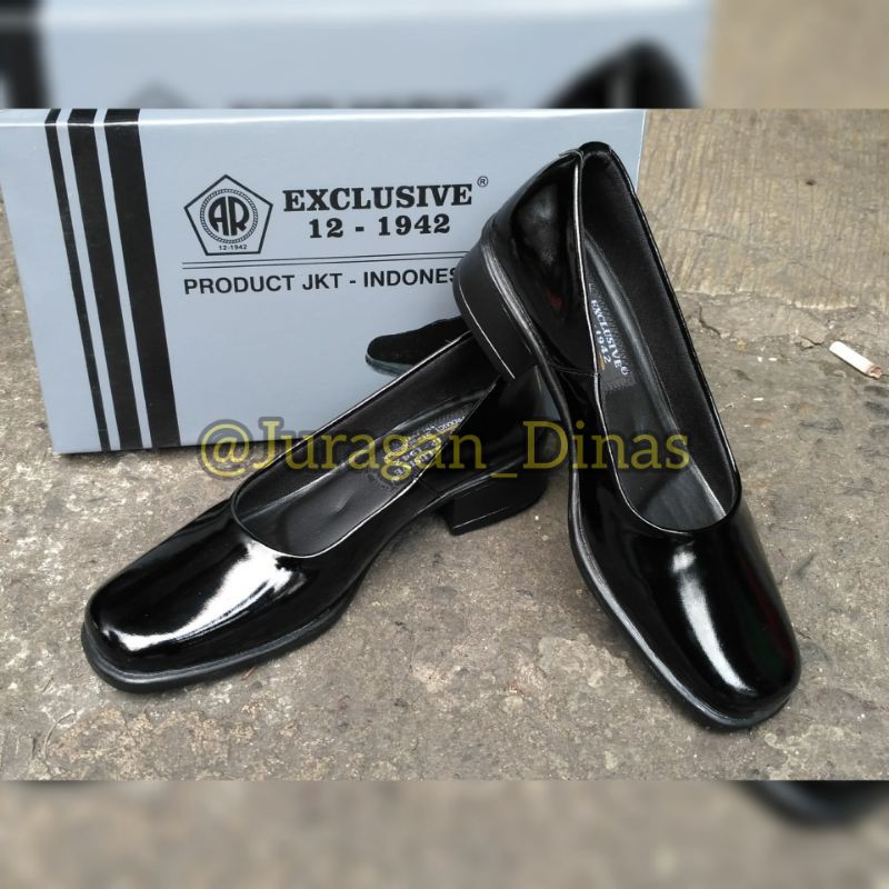 SEPATU PDH PANTOPEL WANITA 3CM HITAM GLOSY AR EXCLUSIVE KULIT ASLI ORIGINAL TNI POLRI SECURITY