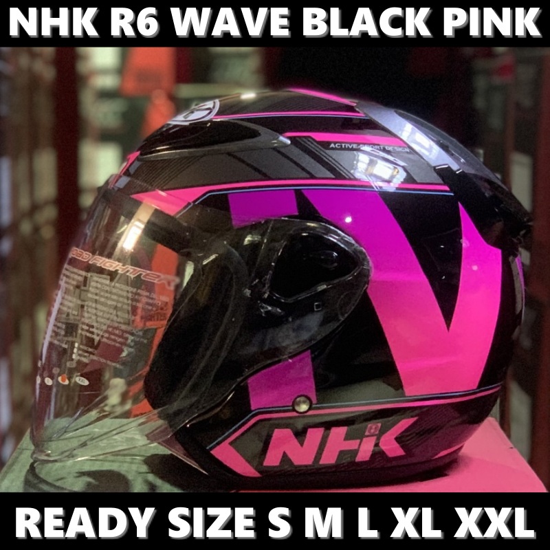 Jual Helm NHK R6 Wave Black Pink Glossy Half Face Single Visor - Helem ...