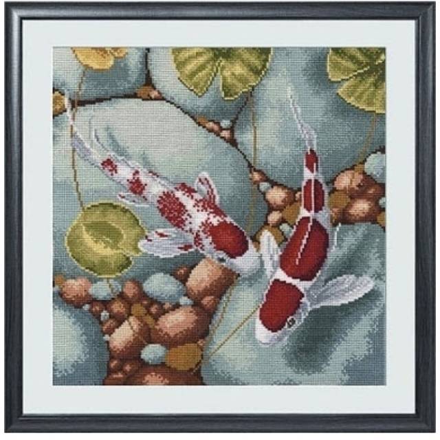 Paket kristik ikan koi dua 2 fishes stone full cross stitch 14ct embroidery kerajinan tangan sulaman