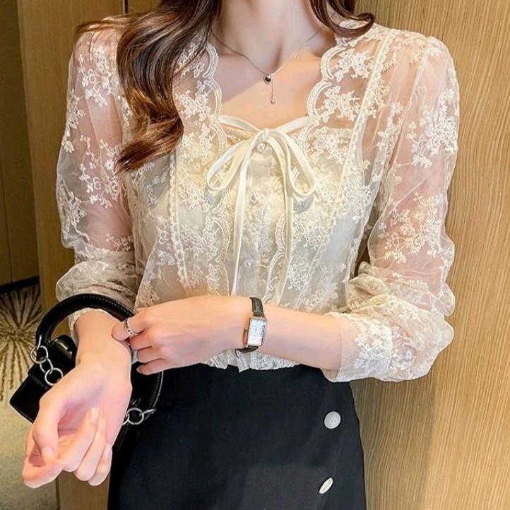 2888 Set Inner Baju atasan kemeja blouse lengan panjang Lace bordir kerah Vneck Korean style top wan