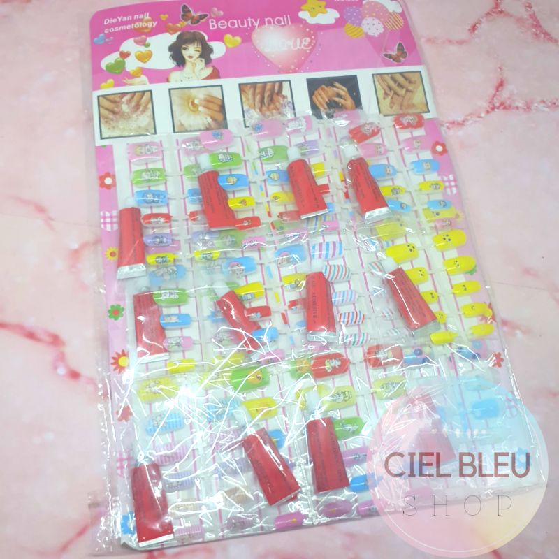 (1 Papan 12 Set ) Lembaran Kuku Palsu Anak + Lem Kuku / Beauty Kids Nails / Fake Nails Anak / CIEL BLEU SHOP