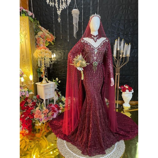 GAUN PENGANTIN DUYUNG PAYET RONCE BEREKOR /GAUN MODERN//SLIM DUYUNG MEWAH/GAUN TERBARU