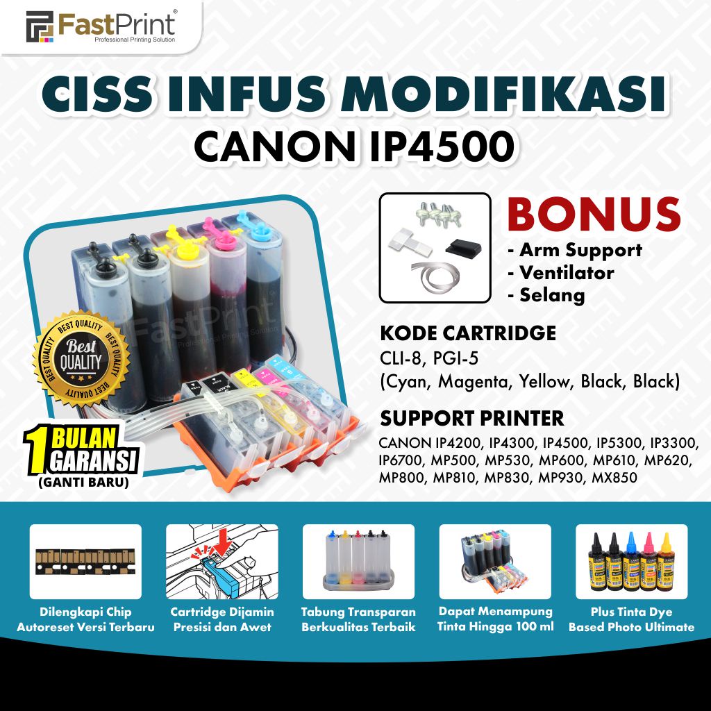 Fast Print Ciss Infus Modif Printer IP4200 IP4500 MP600 MP610 MX850 Plus Tinta