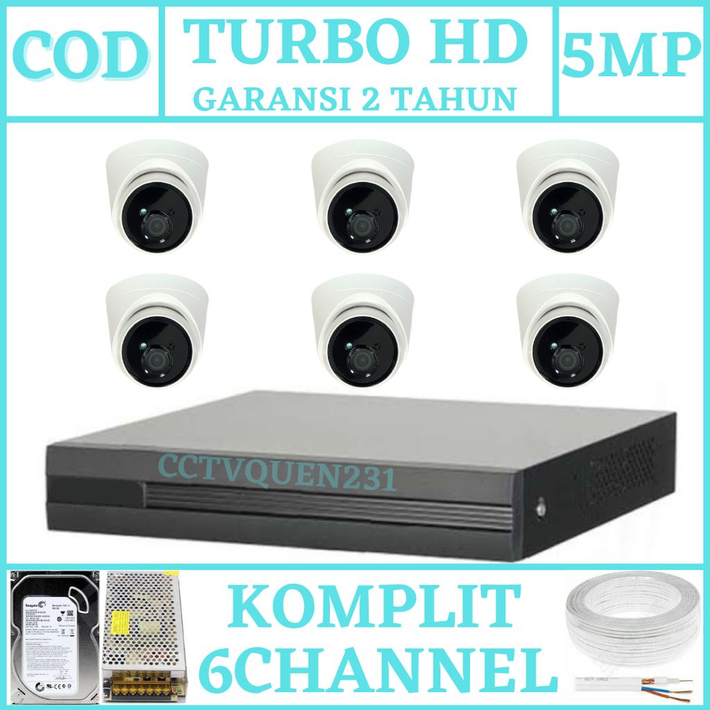 PAKET CCTV 8 CHANNEL 6 KAMERA INDOOR TURBO HD 1080P 5MP IC SONY KOMPLIT TINGGAL PASANG