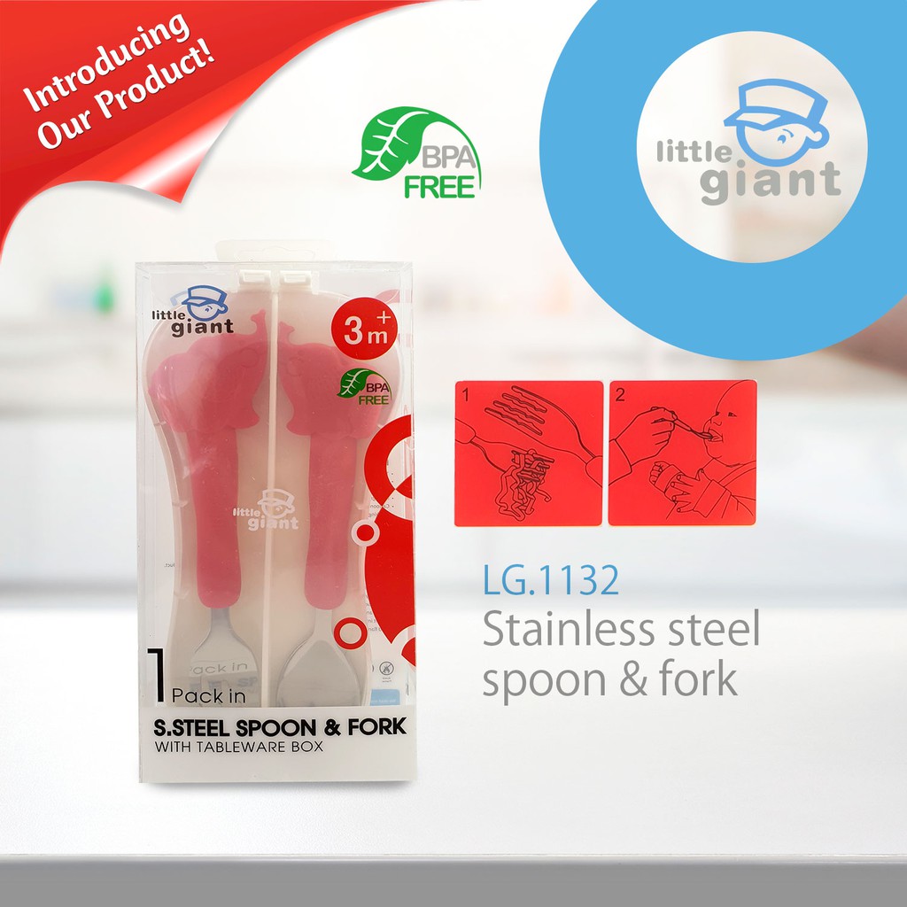 Little Giant Stainless Steel Spoon &amp; Fork With Tableware Box Sendok Garpu Makan Bayi LG.1132