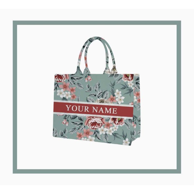 Tas Custom Print Motif Bunga Pink Warna Dasar Mint