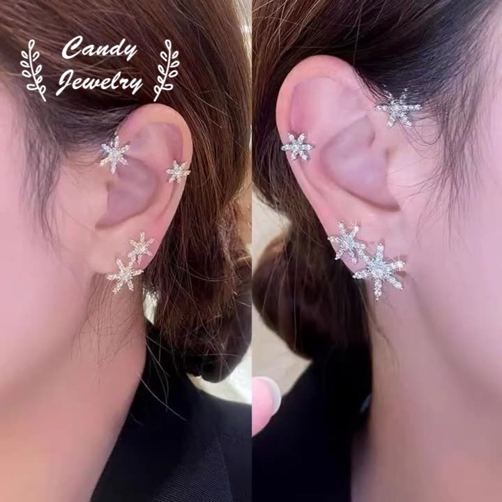 Candy Jewelry 1 Pcs Fashion Zircon Clip Earrings Snowfake Earring Metal Ear Clips for Women Left Right