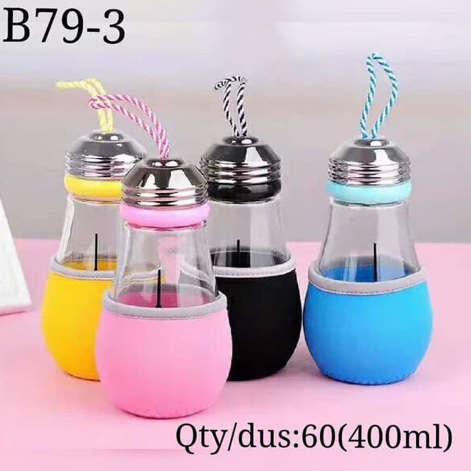 BOTOL MINUM BOHLAM KACA + POUCH U002F LAMPU MINUM UNIK 400ML B79-3 BOTOL