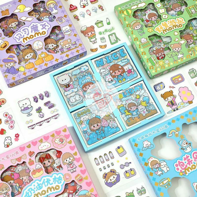 Stiker PVC Aesthetic 1 Lembar | Sticker Anak Perempua Lucu MOMO | DIY Bahan PVC Untuk Deco Scrapbook Diary Tumbler Botol Viral Lucu Gemoy