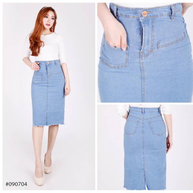 Rok jeans span wanita 7/8 rawis