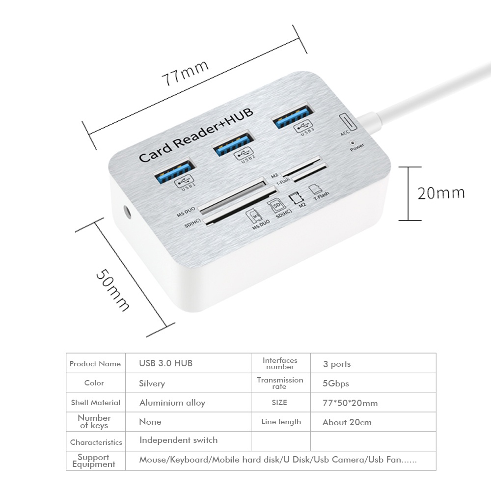 Actual【COD】 USB 3.0 7in1 Hub Card Reader 3-Port USB+MS Micro SD MMC M2 TF Slot Combination Aluminum High Quality