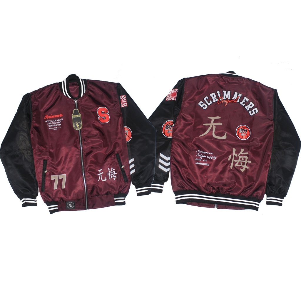 JAKET VARSITY MAROON MIX HITAM ORIGINAL SCRIMMERS UNISEX PRIA WANITA