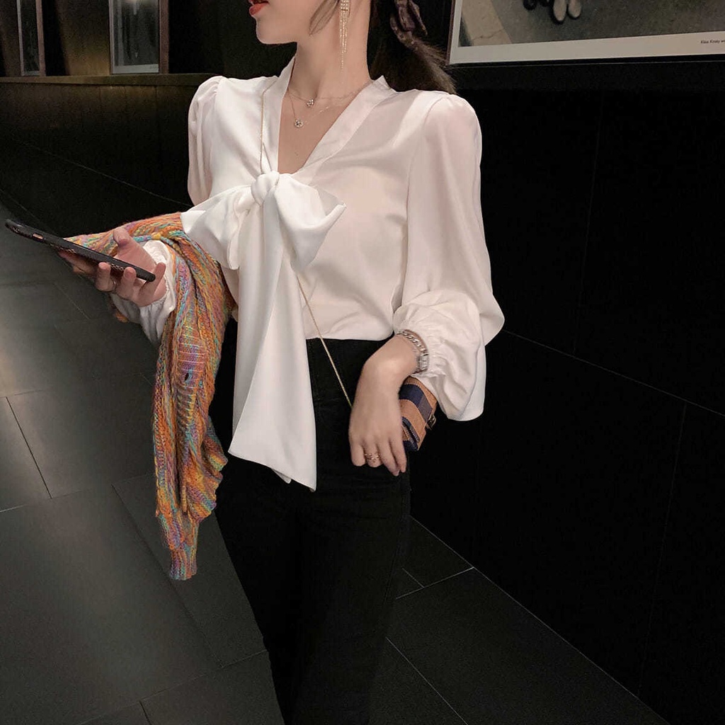 blouse korea kemeja french bow puff sleeve kemeja putih super fairy atasan lengan panjang