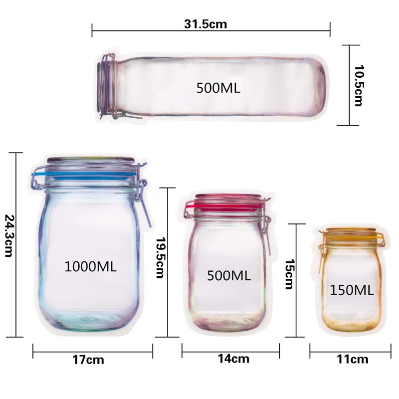 4/5Pcs Reusable Mason Bottles Sealed Ziplock Bags/Nuts Candy Cookies Snacks Kitchen Organizer Bags/Freezer Storage Zip Lock Hermetic Fresh Plastic Food Pouch