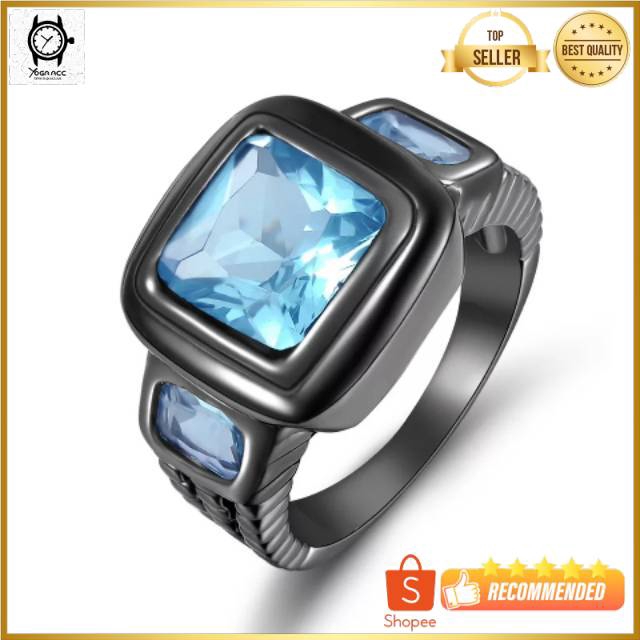 Cincin Akik Topaz Sky Blue Aquamarine Biru Laut Ring Black Gun Plated