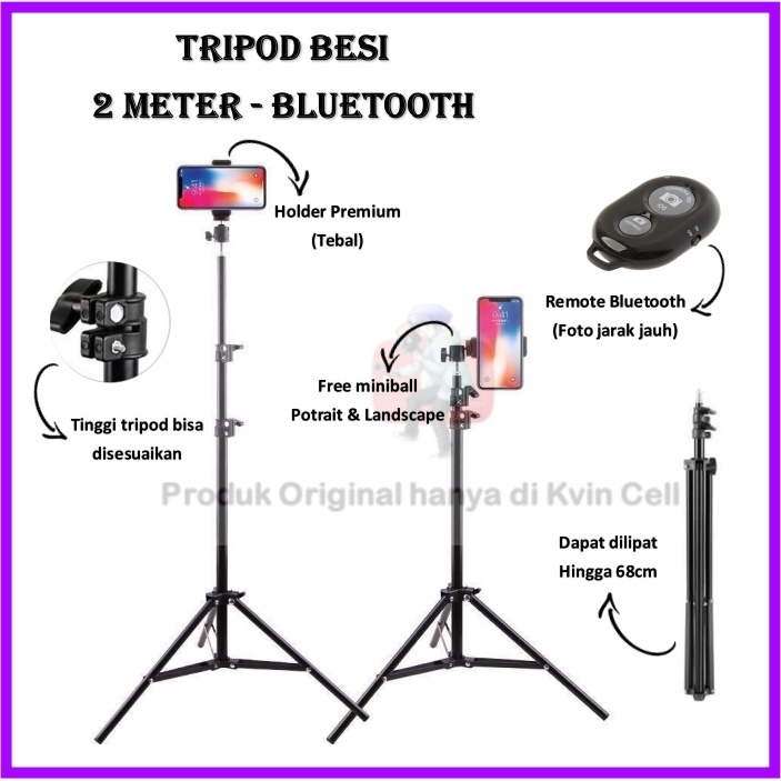 Foto Tripod Handphone 2 Meter Besi Plus Mini ball head Free Holder Hp Free Tomsis Remote Bluetooth