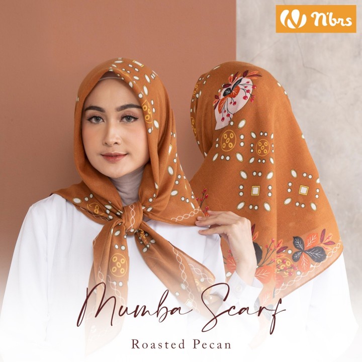 MUMBA SCARF ORIGINAL BY NIBRAS HIJAB KERUDUNG JILBAB SEGIEMPAT SEGI EMPAT MOTIF ROASTED PECAN SILVER