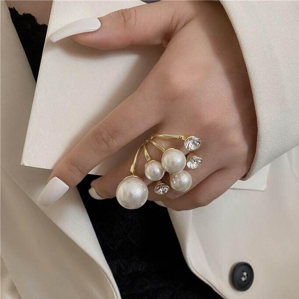 Mxbeauty Multi Mutiara Cincin Pesona Retro Oversize Perhiasan Berlian Imitasi Lady Tidak Teratur Jari Rings