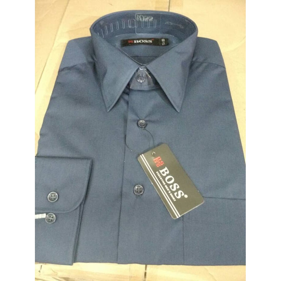 kemeja BOSS lengan panjang biru dongker