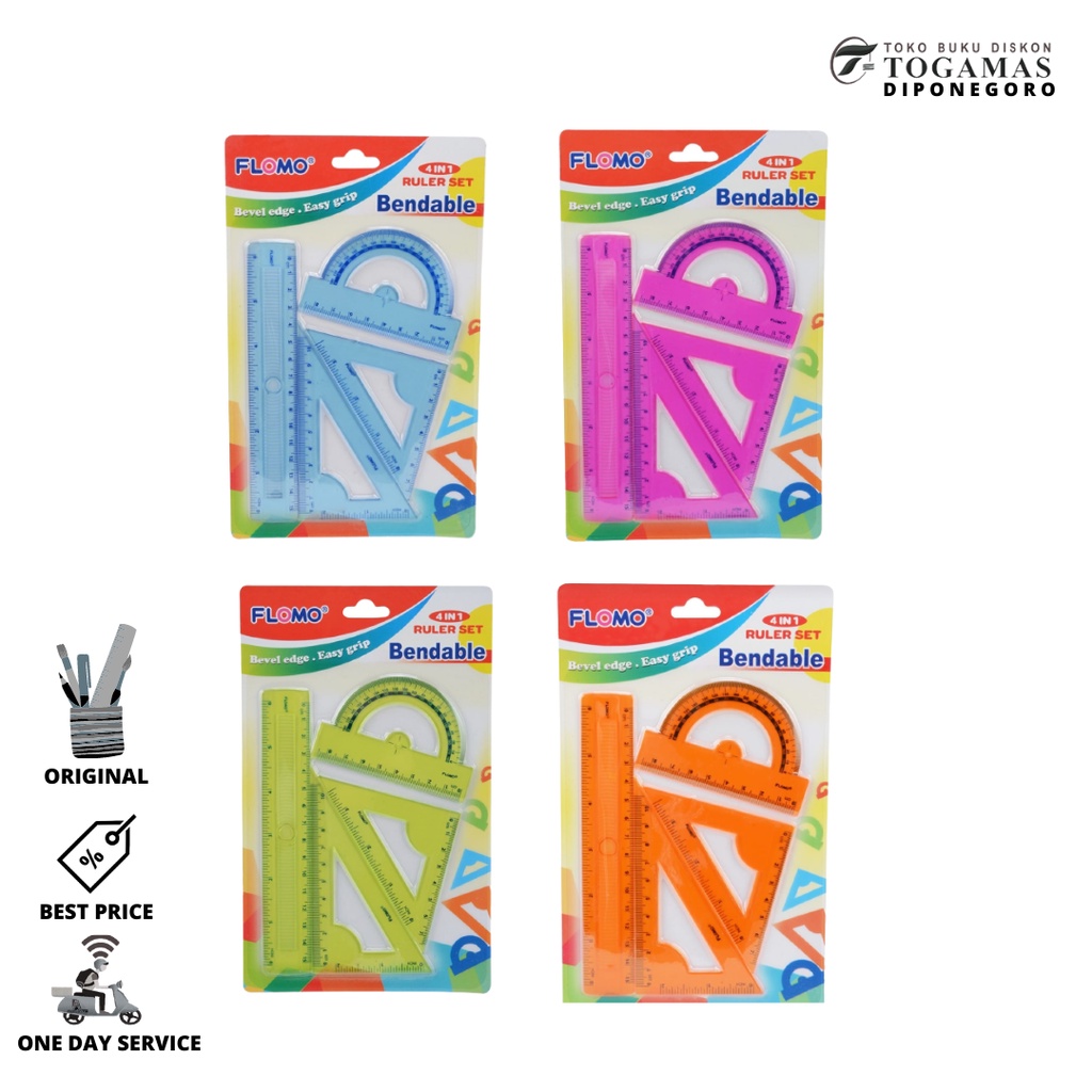 

PENGGARIS SET GEOMETRIC 4IN1 BENDABLE SR-6833 FLOMO (PENGGARIS 15CM+2 PENGGARIS SEGITIGA+BUSUR 8CM)