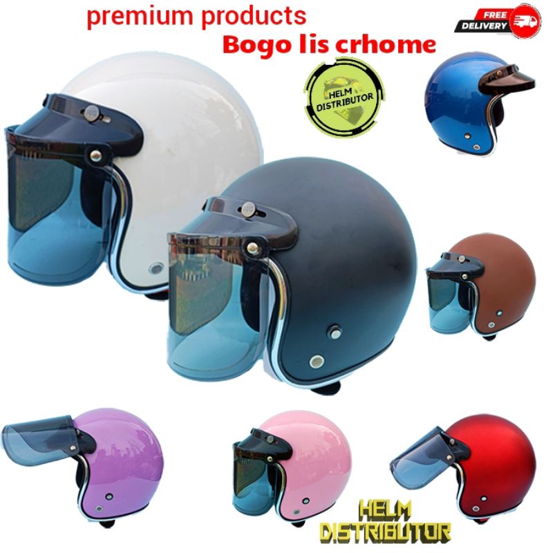 HELM BOGO DEWASA KACA DATAR, HITAM DAN BENING, LIS CHROME,KUALITAS PREMIUM UNTUK PRIA DAN WANITA COD