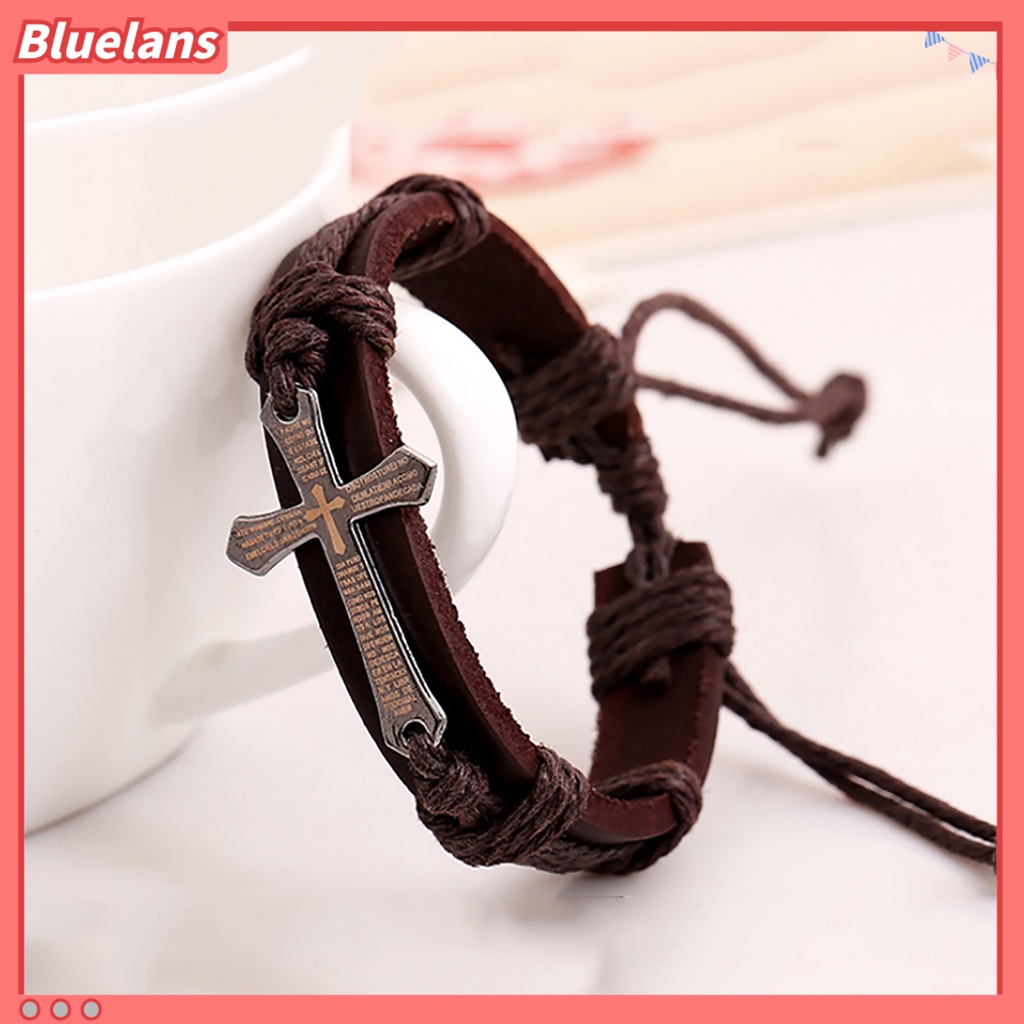 Bluelans Retro Punk Faux Leather Rope Alloy Cross Bible Scriptures Men Adjustable Bracelet