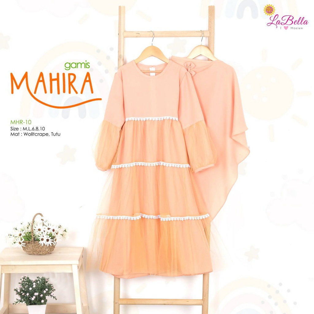 Baju Gamis Anak Jilbab Panjang Mahira Labella umur 8 - 11 Tahun Kuning Orange Set Hijab
