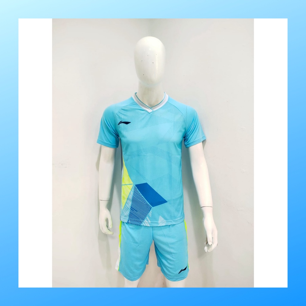 Kaos badminton pria jersey bulutangkis baju dan celana setelan wanita dewasa t-shirt outfit seragam jarsey kostum olahraga pakaian apparel sport jersy bulu tangkis casual jersi sudirman cup suit L156 sky blue polos