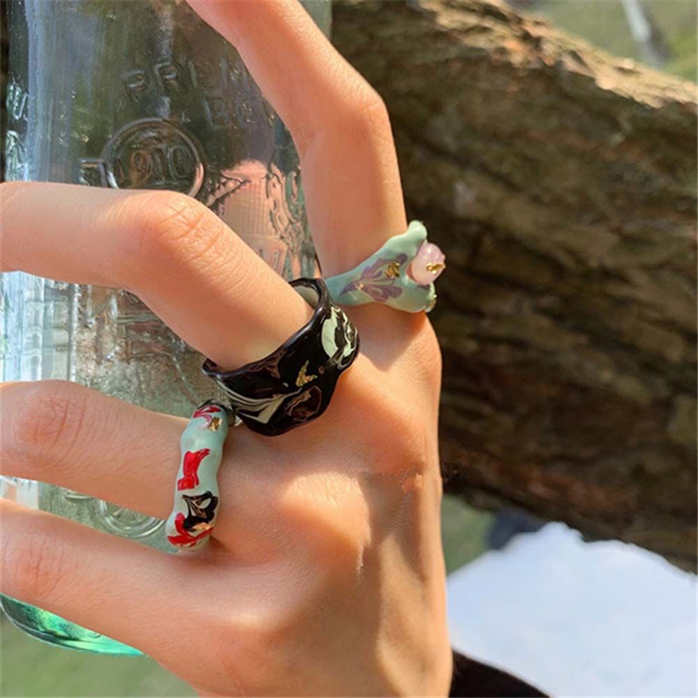 Needway  Retro Open Ring Personality Fashion Jewelry Finger Rings Women Pearl Korean Temperament Painted Flower Girls Alloy/Multicolor