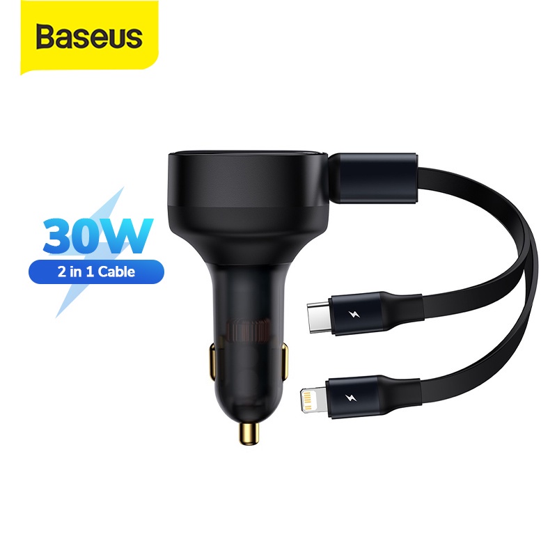 Baseus Car Charger Mobil 30W 2IN1 Built in Type-C Iphone Fast Charging