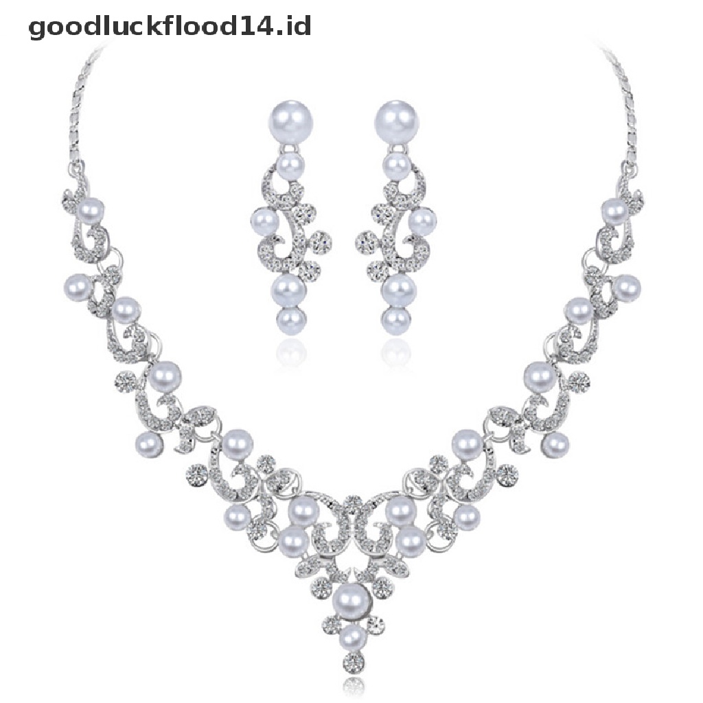 [OOID] Fashion Rhinestone Faux Pearl Necklace Earrings Women Bride Jewelry Set Hot Gift ID