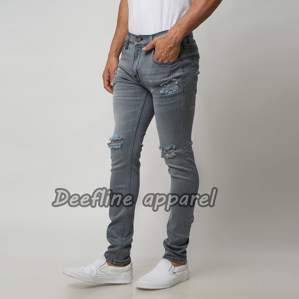 Deefline - Celana Jeans Pria Skinny Slimfit Ripped Jeans ABU MUDA