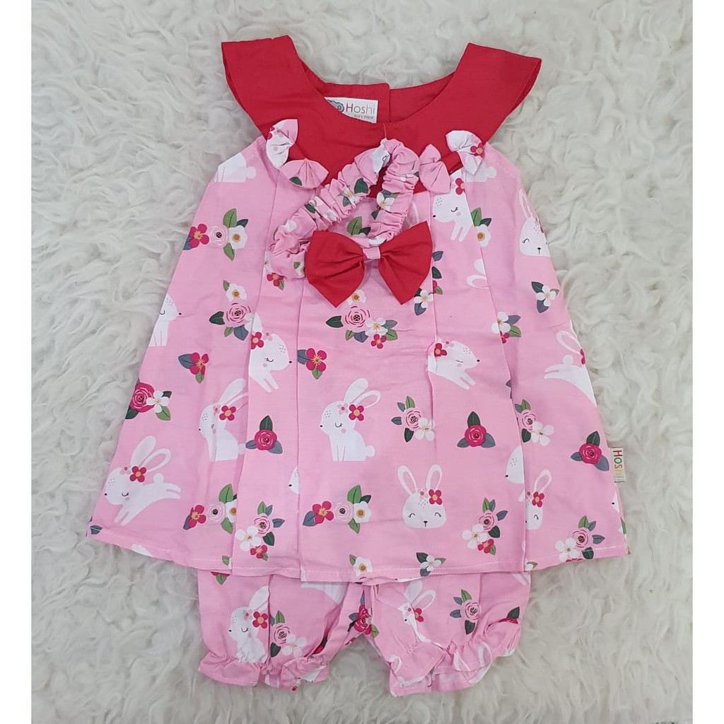 Baju  Bayi Perempuan Setelan Pakaian Bayi Cewek Bandana Rabbit Flower Pink