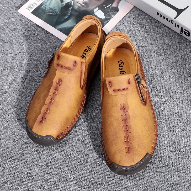 100% KULIT ASLI Sepatu Pria Slip On Pantofel Pria Tanpa Tali Kulit Sapi ORIGINAL Kasual IMPORT Resleting Kuliah Cowok 019